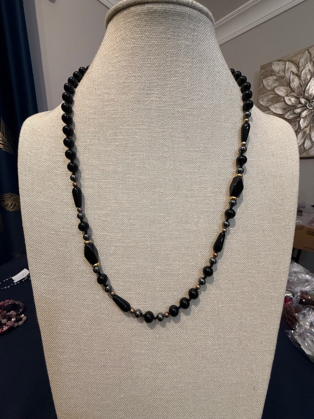 Vintage ROC Black Beaded Necklace 24”